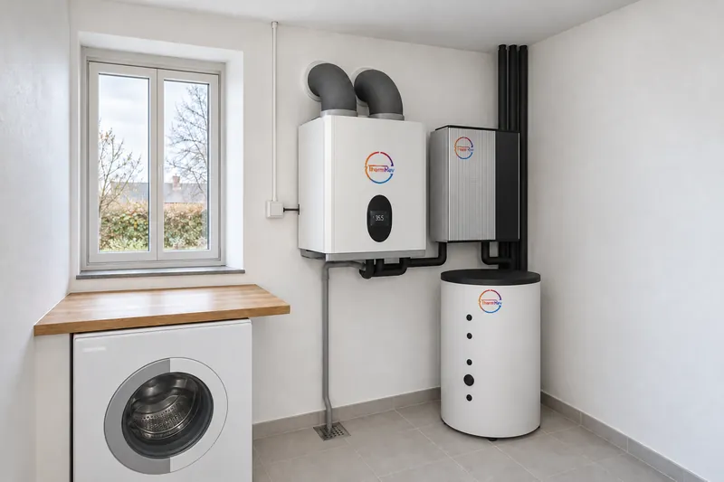 ThermRev Air Compact med ThermRev Water Hub Mini og 100 l beholder i et bryggers